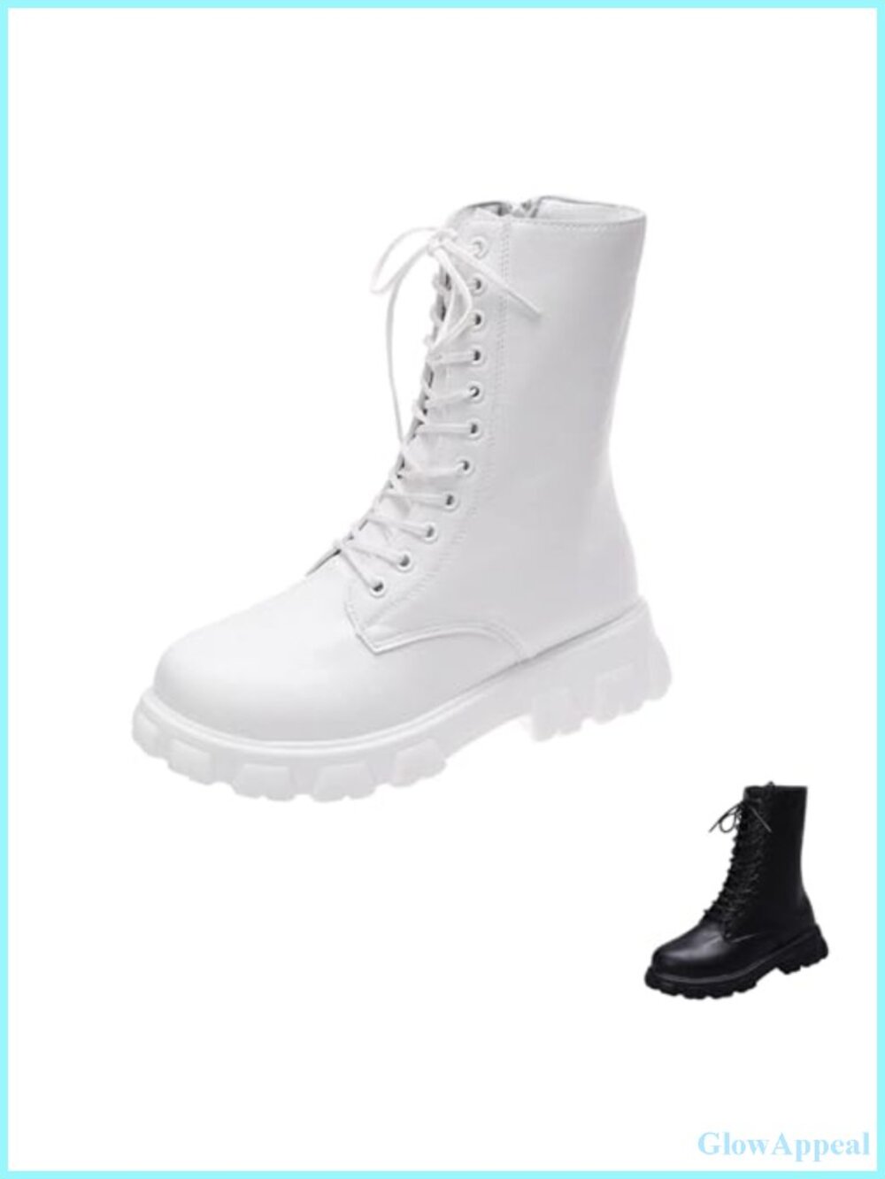Lace Up Chunky Mid Calf Boots Leather Canvas Side Zipped Combat Booties